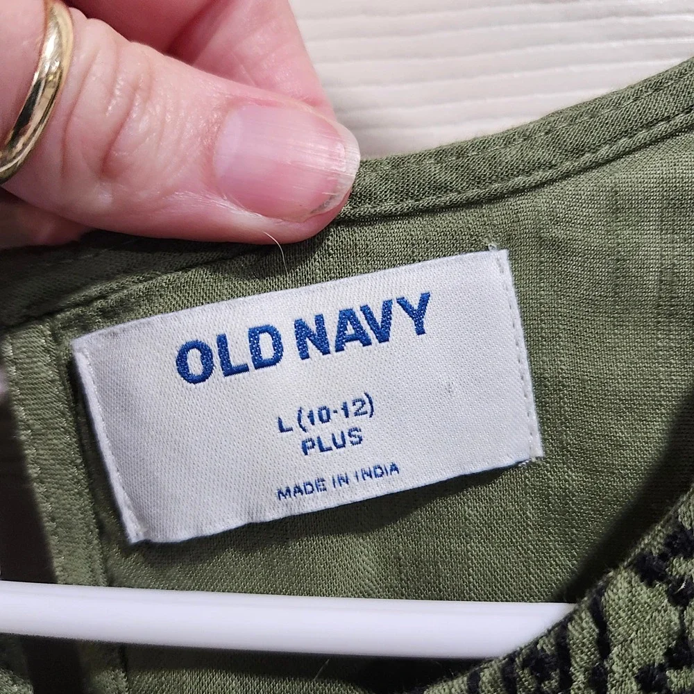 Old Navy Girls Olive Green Embroidered Bib Long Sleeve Shift Dress L 10-12 Plus